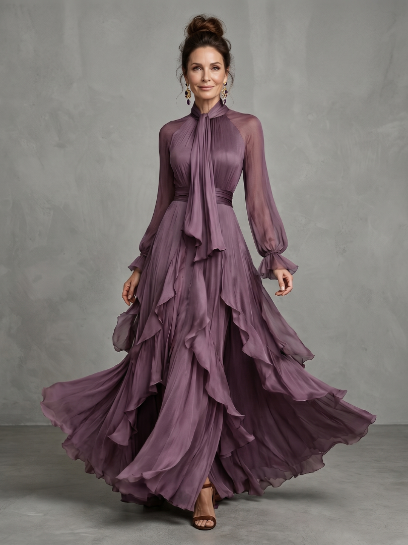 Kathleen | Vestido Maxi Escalonado con Cuello de Lazo