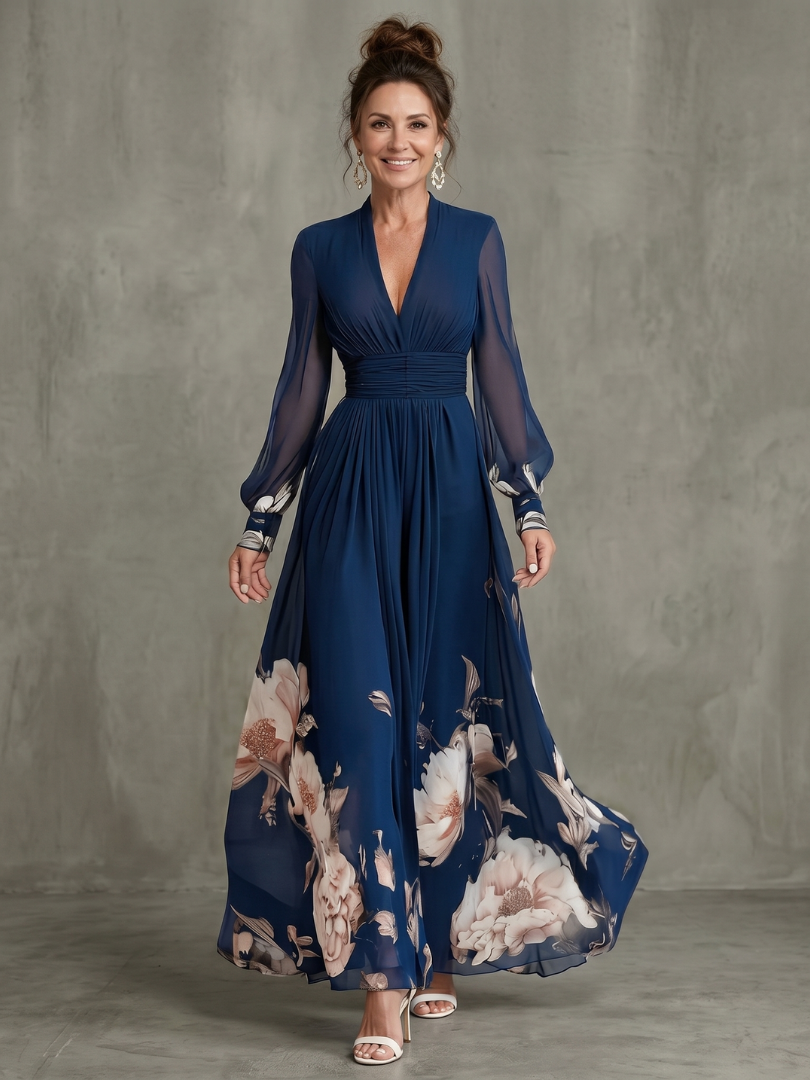 Elena | Vestido Maxi Plisado con Mangas Transparentes