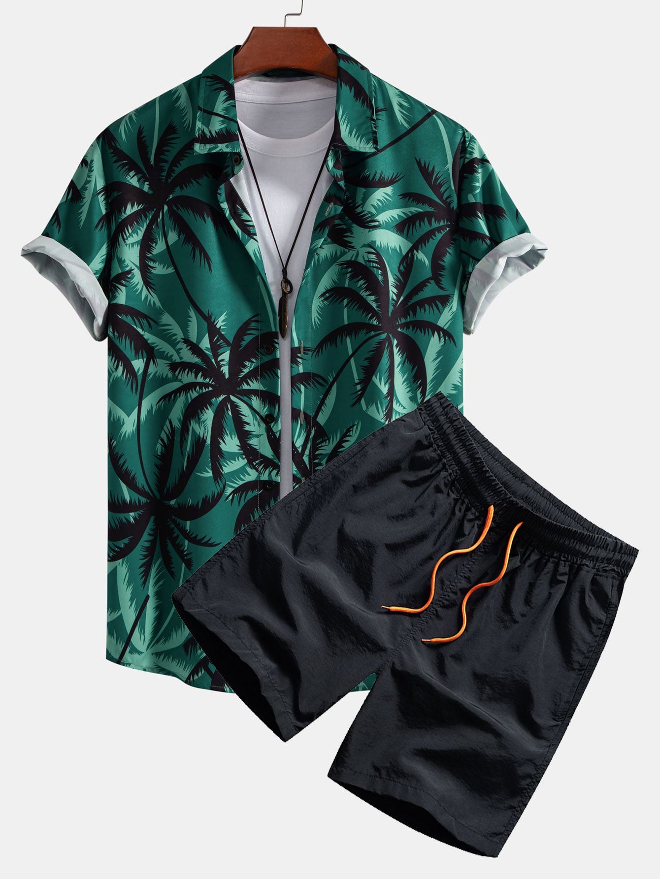 Camisa abotonada con estampado de palmeras y bañador tipo bermuda