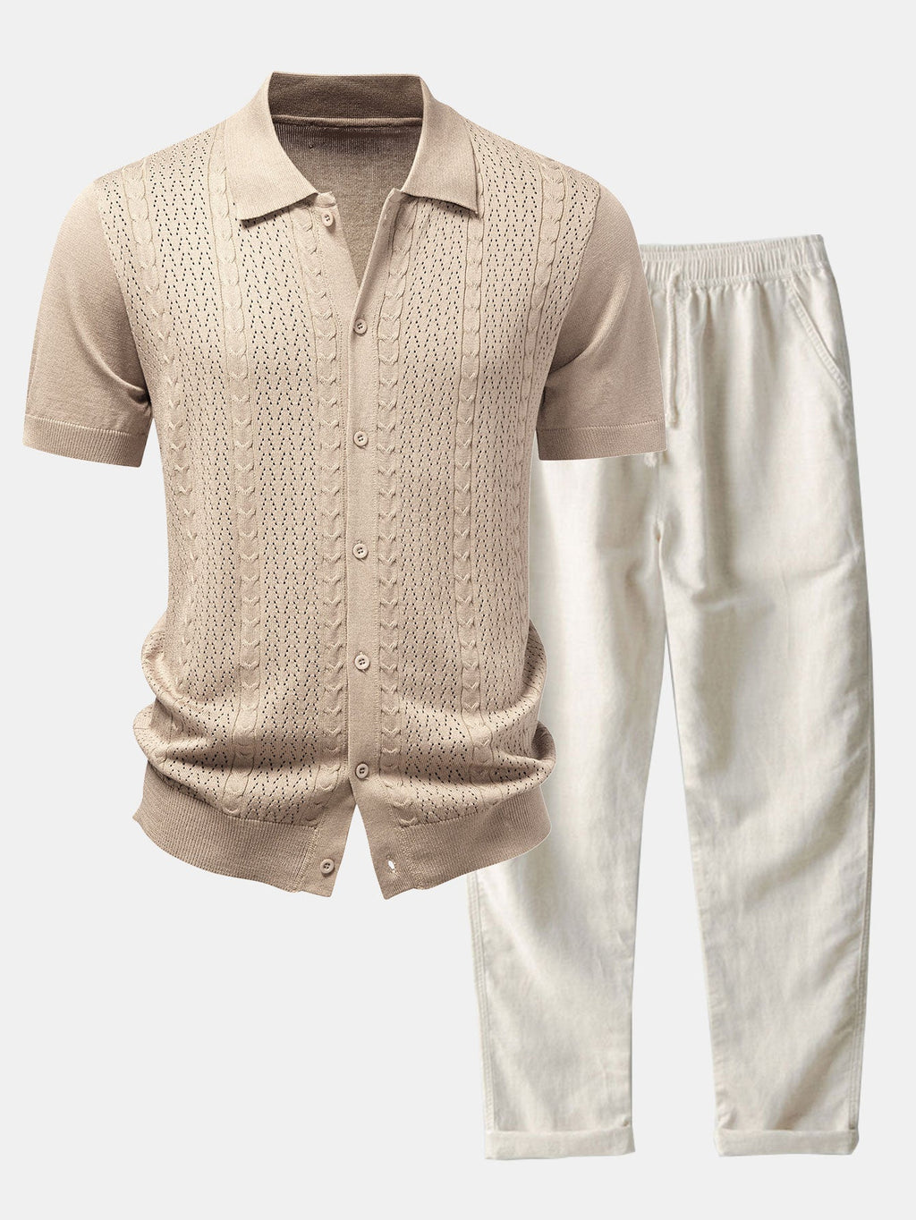 Camisa de punto jacquard retorcido con botones y pantalones de lino de corte recto