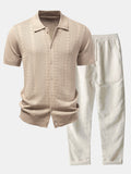 Camisa de punto jacquard retorcido con botones y pantalones de lino de corte recto