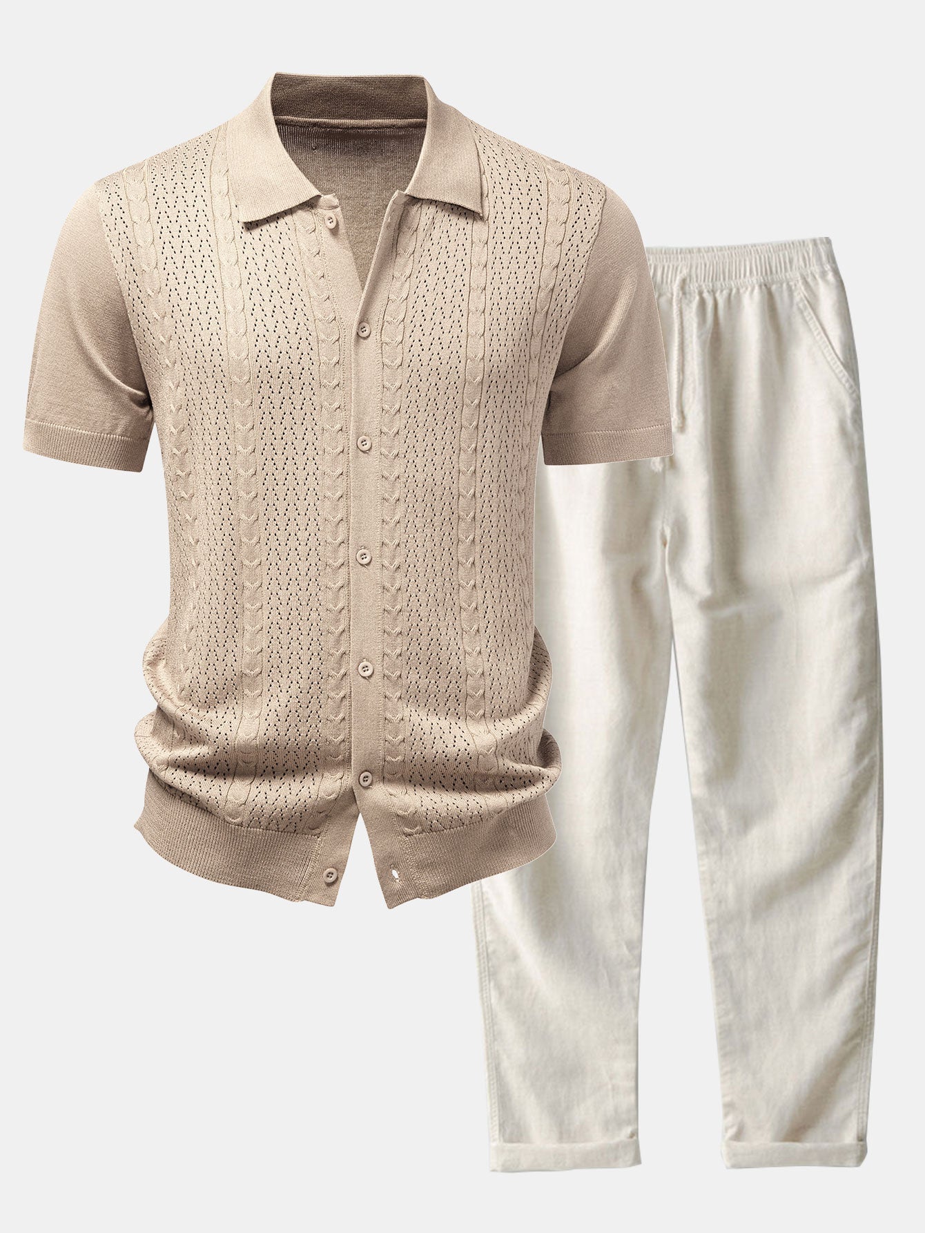 Camisa de punto jacquard retorcido con botones y pantalones de lino de corte recto