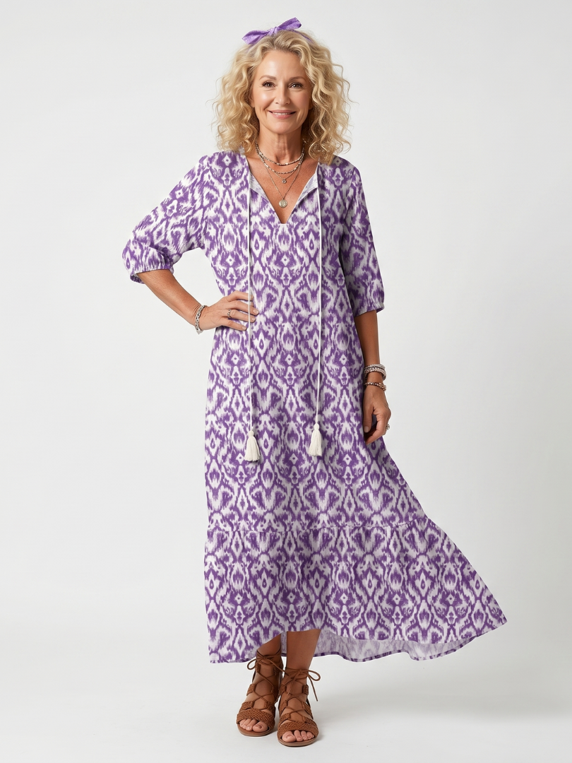 Penelope | Vestido Midi Estampado con Lazos de Borlas