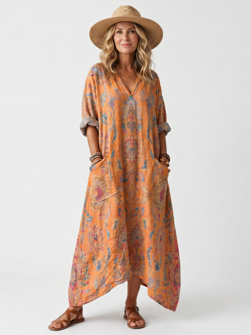 Remi | Vestido Midi Oversize Estampado con Escote de Muesca y Bolsillos