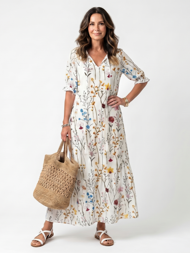 Sylvie | Vestido Midi con Estampado Botánico y Lazos de Borlas