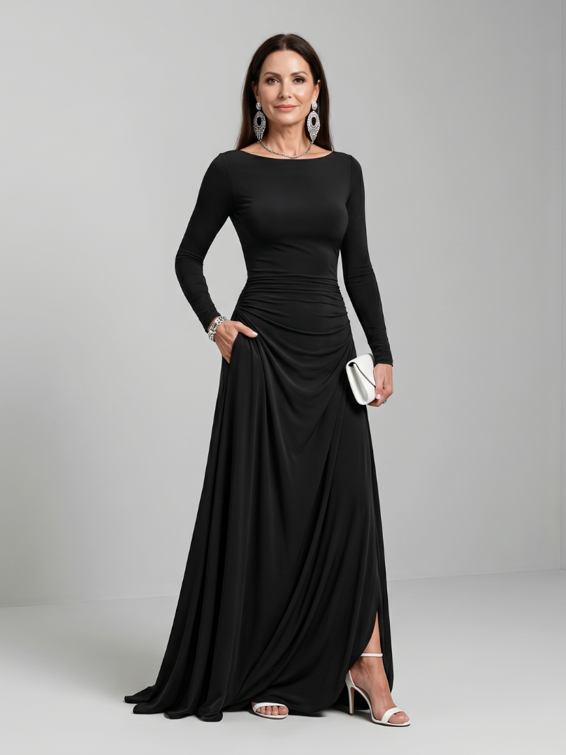 Yvonne | Vestido Maxi Drapeado con Cuello Barco