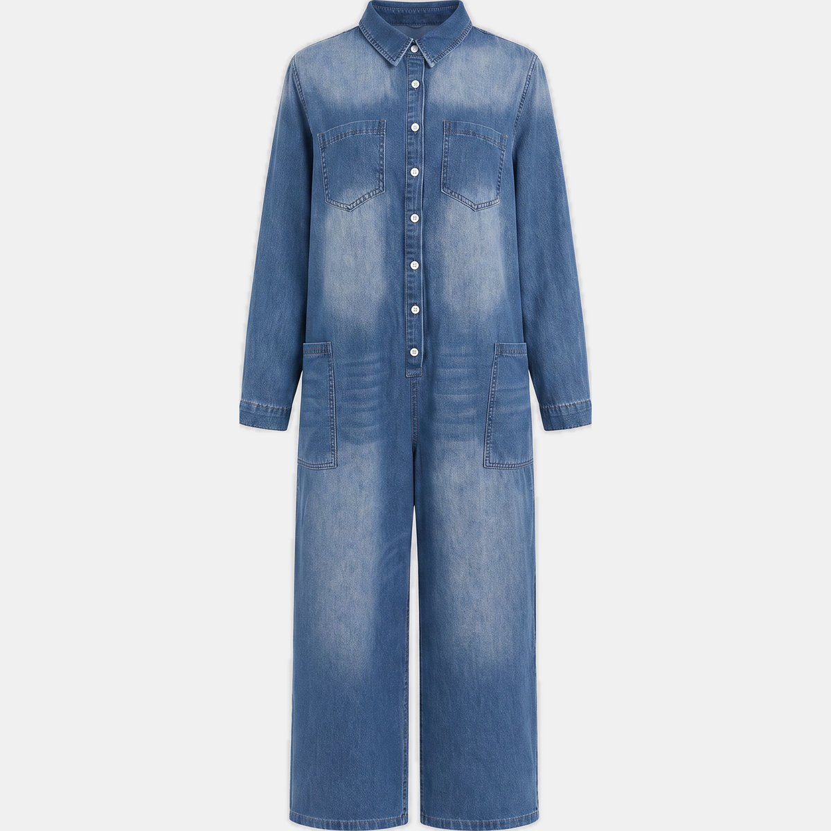 Mono Vaquero Lavado de Pierna Ancha con Botones para Mujer