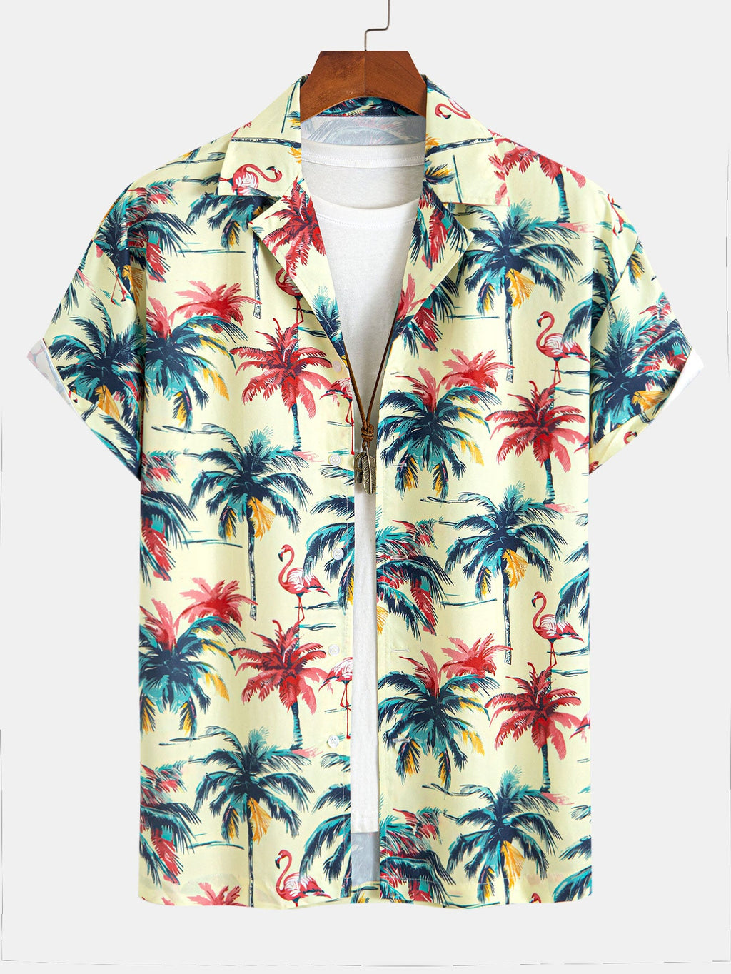 Camisa abotonada y bañador tipo bermuda «Relax Fit Flamingo» con estampado tropical de palmeras