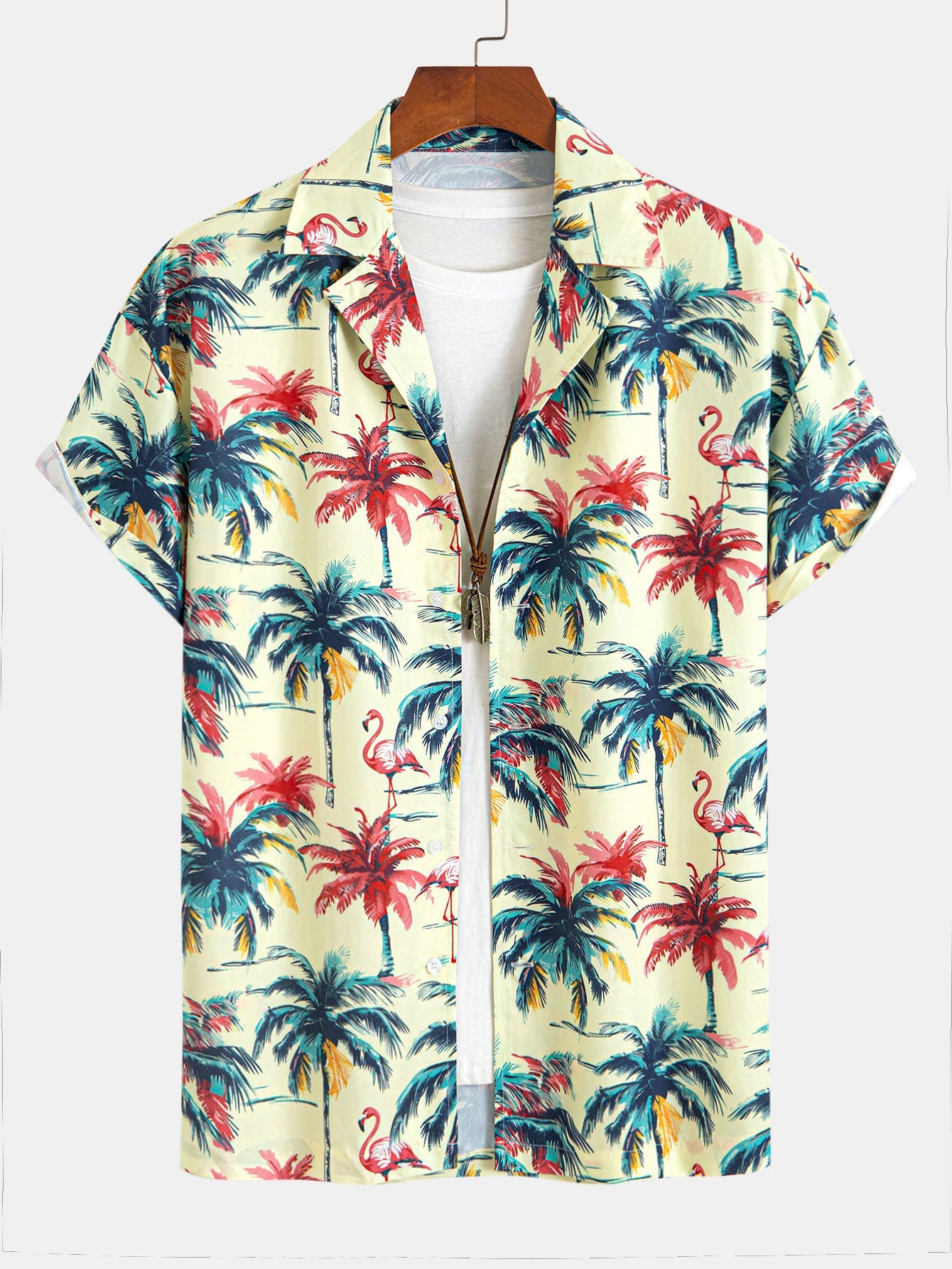 Camisa abotonada y bañador tipo bermuda «Relax Fit Flamingo» con estampado tropical de palmeras