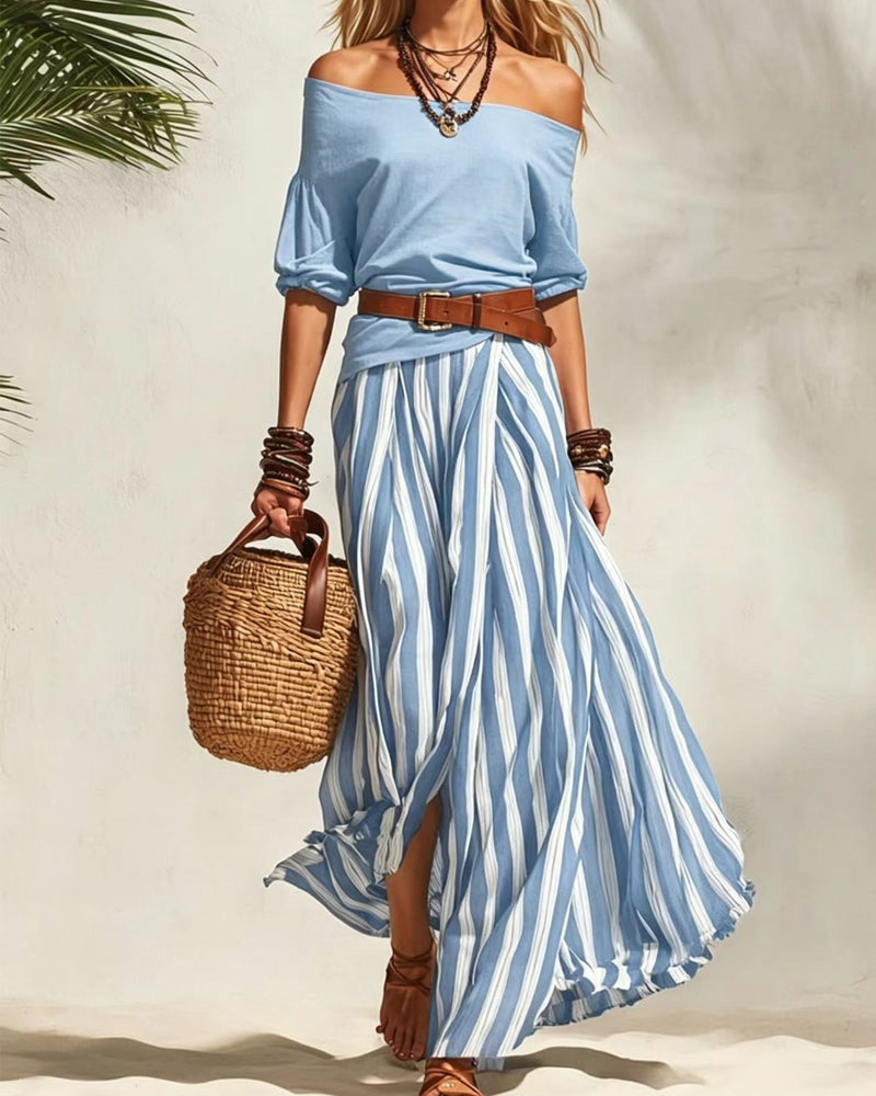 MADISON | Conjunto de falda maxi de rayas con top de hombros descubiertos