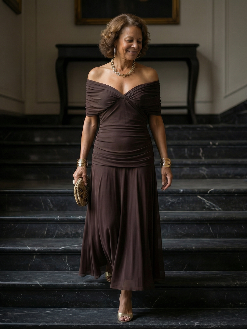 Calen | Vestido Midi Fluido de Hombros Descubiertos