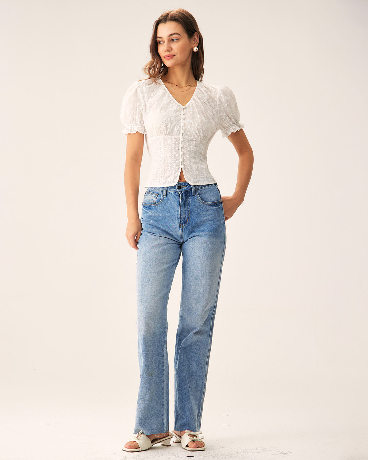 Blusa Blanca Floral Manga Abullonada