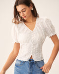 Blusa Blanca Floral Manga Abullonada