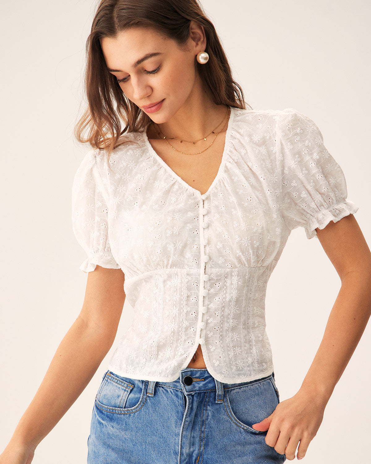 Blusa Blanca Floral Manga Abullonada