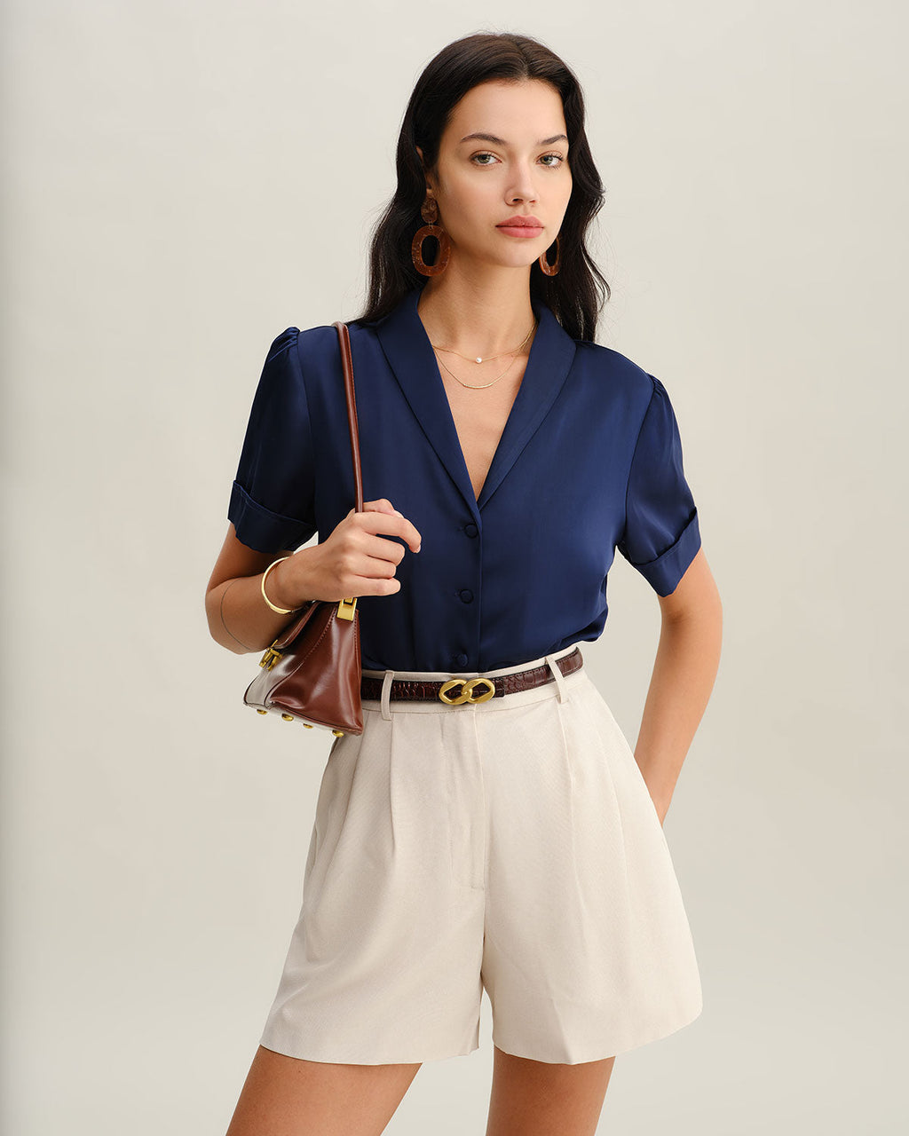 Blusa Azul Marino Satén Botones