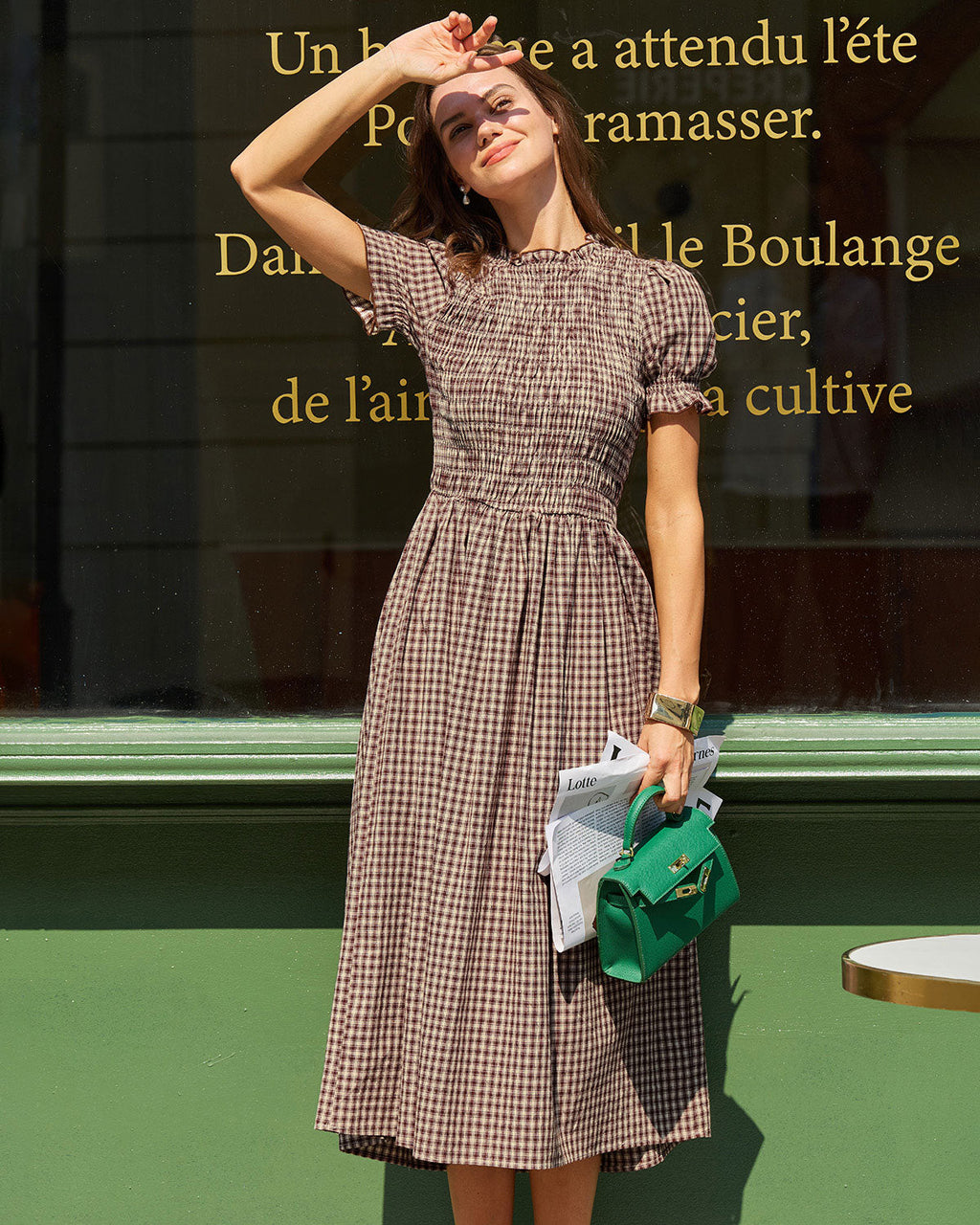 Vestido Midi Café Cuadros Fruncido Manga Abullonada