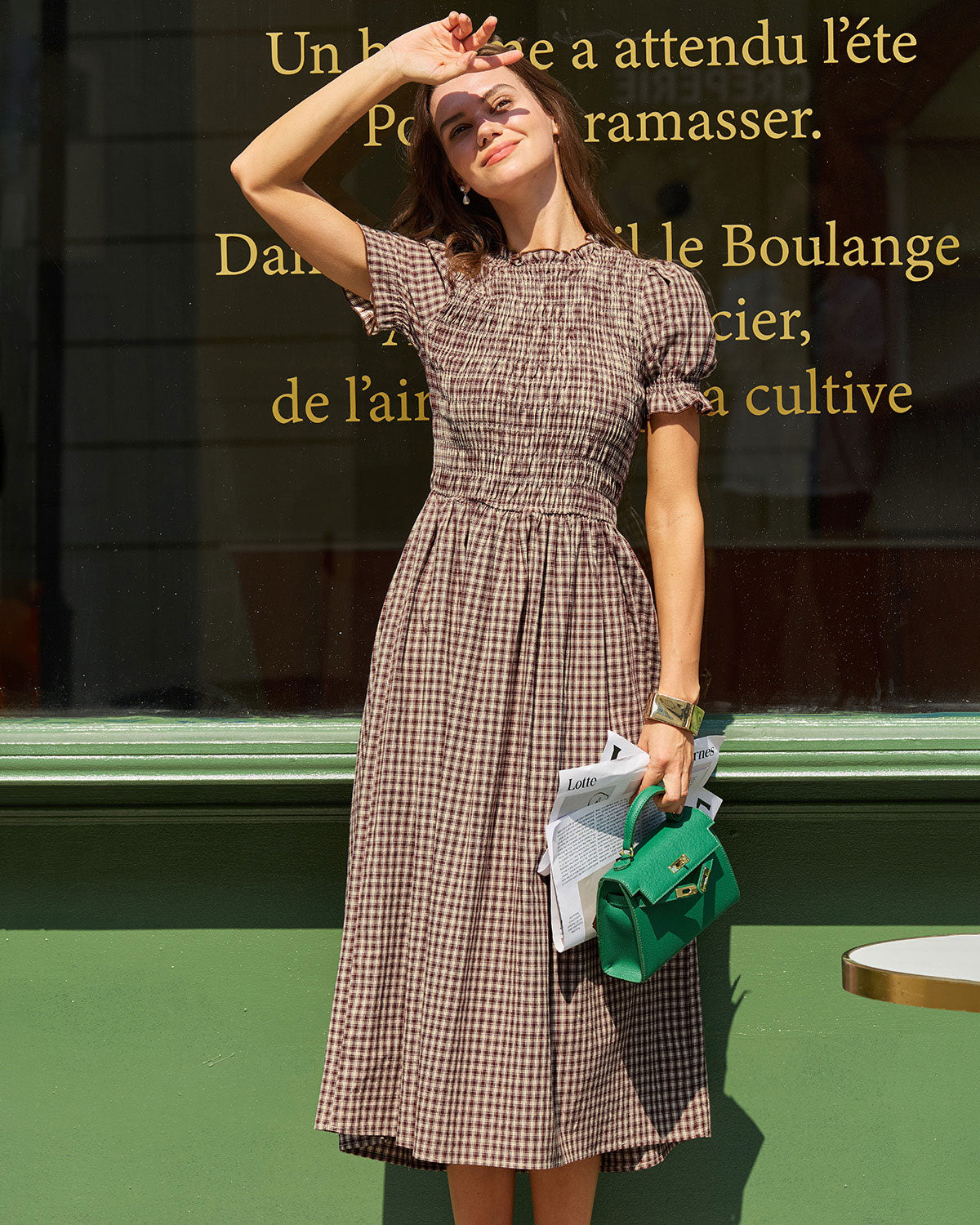 Vestido Midi Café Cuadros Fruncido Manga Abullonada