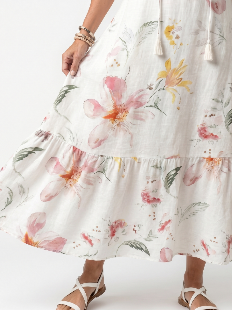 Noa | Vestido Midi Floral Suave por Capas con Borlas