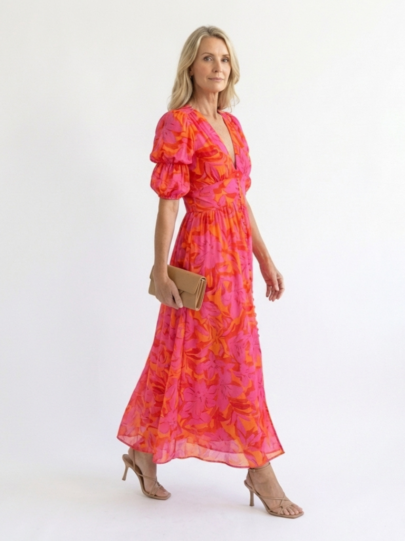 Adalyn | Vestido Midi Floral con Mangas Abullonadas