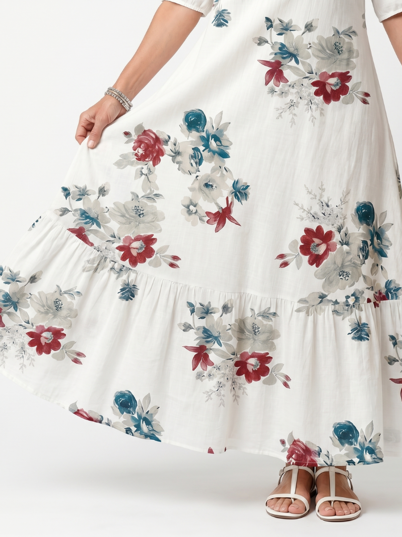 Maeva | Vestido Midi Floral Disperso con Lazos de Borlas