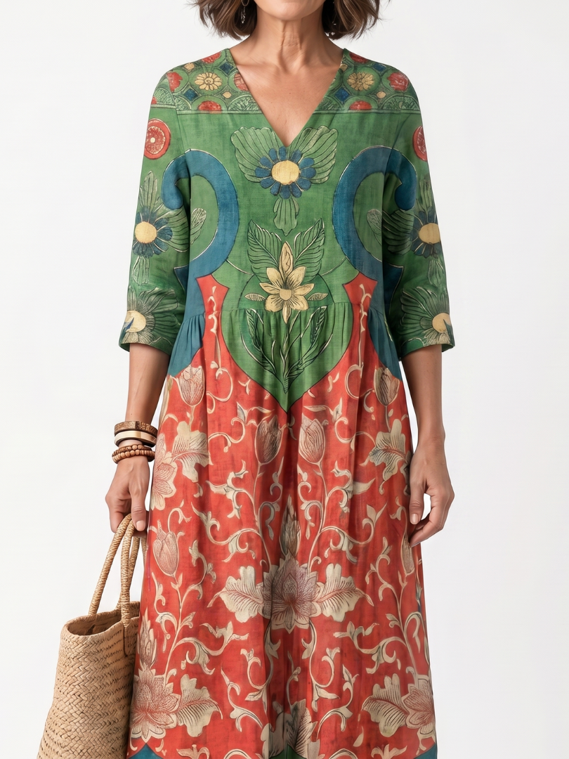 Sloane | Vestido Midi con Estampado Mixto, Escote en V y Bolsillos