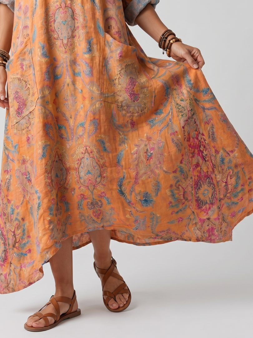 Remi | Vestido Midi Oversize Estampado con Escote de Muesca y Bolsillos