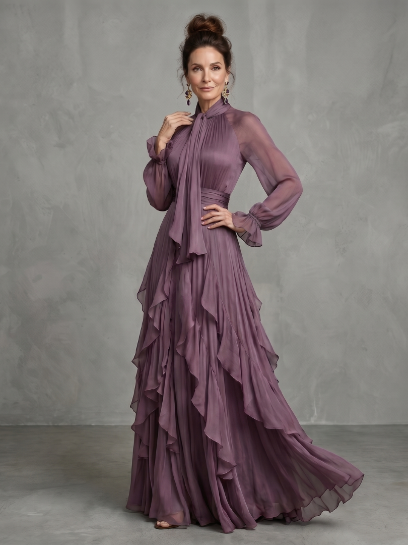 Kathleen | Vestido Maxi Escalonado con Cuello de Lazo