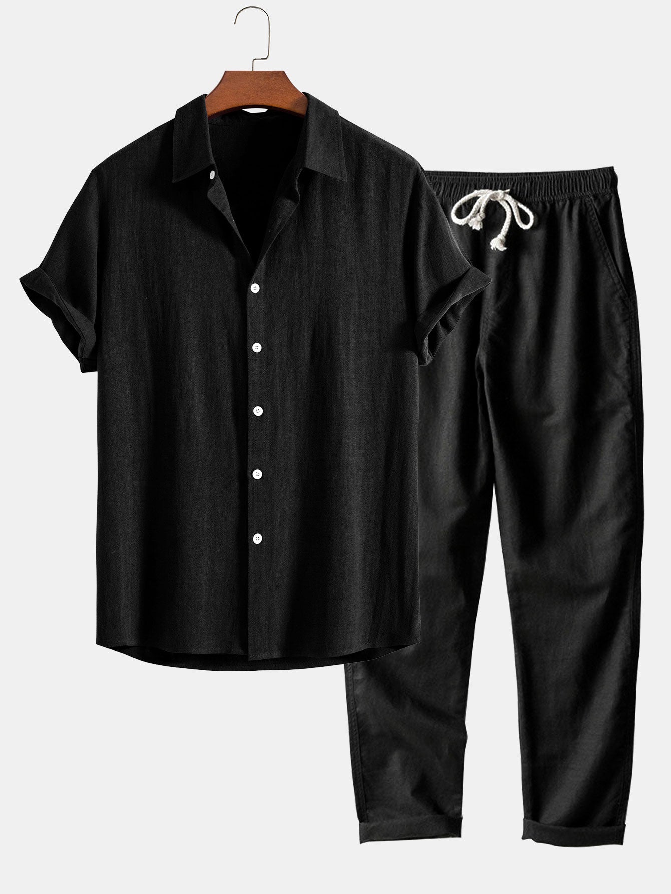 Camisa abotonada de mezcla de lino y rayón y pantalones rectos de lino