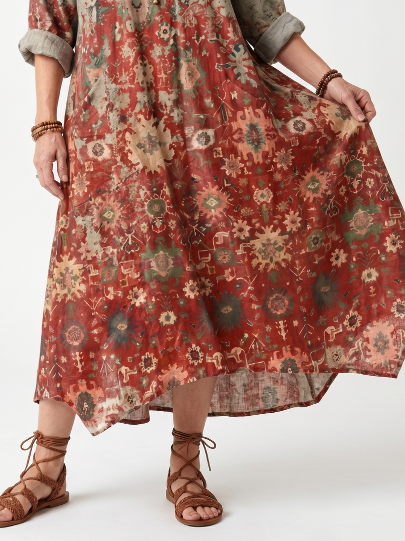Saffron | Vestido Midi Relajado con Estampado Mixto y Bolsillos