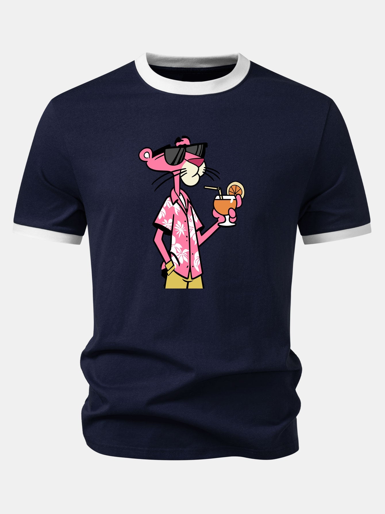 Vacation Pink Panther Print Contrast Ringer T-Shirt