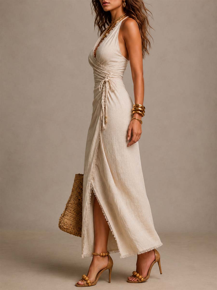 Sandra - Vestido midi de lino natural