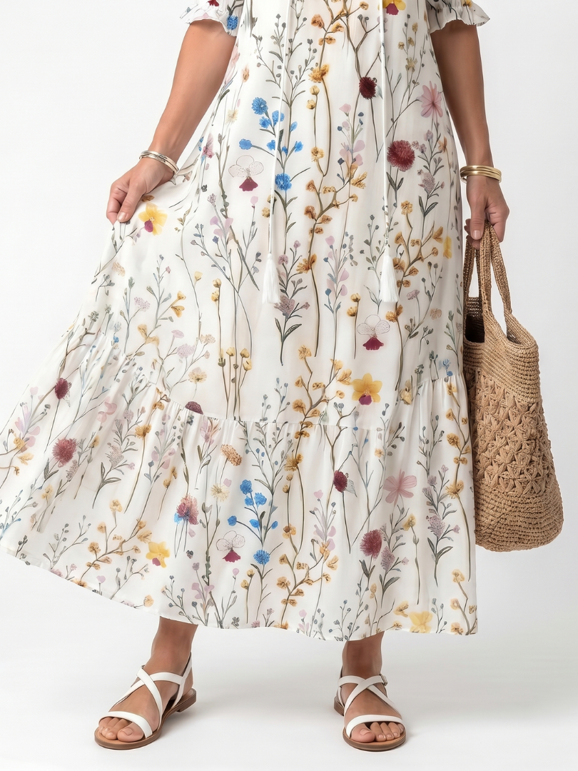 Sylvie | Vestido Midi con Estampado Botánico y Lazos de Borlas