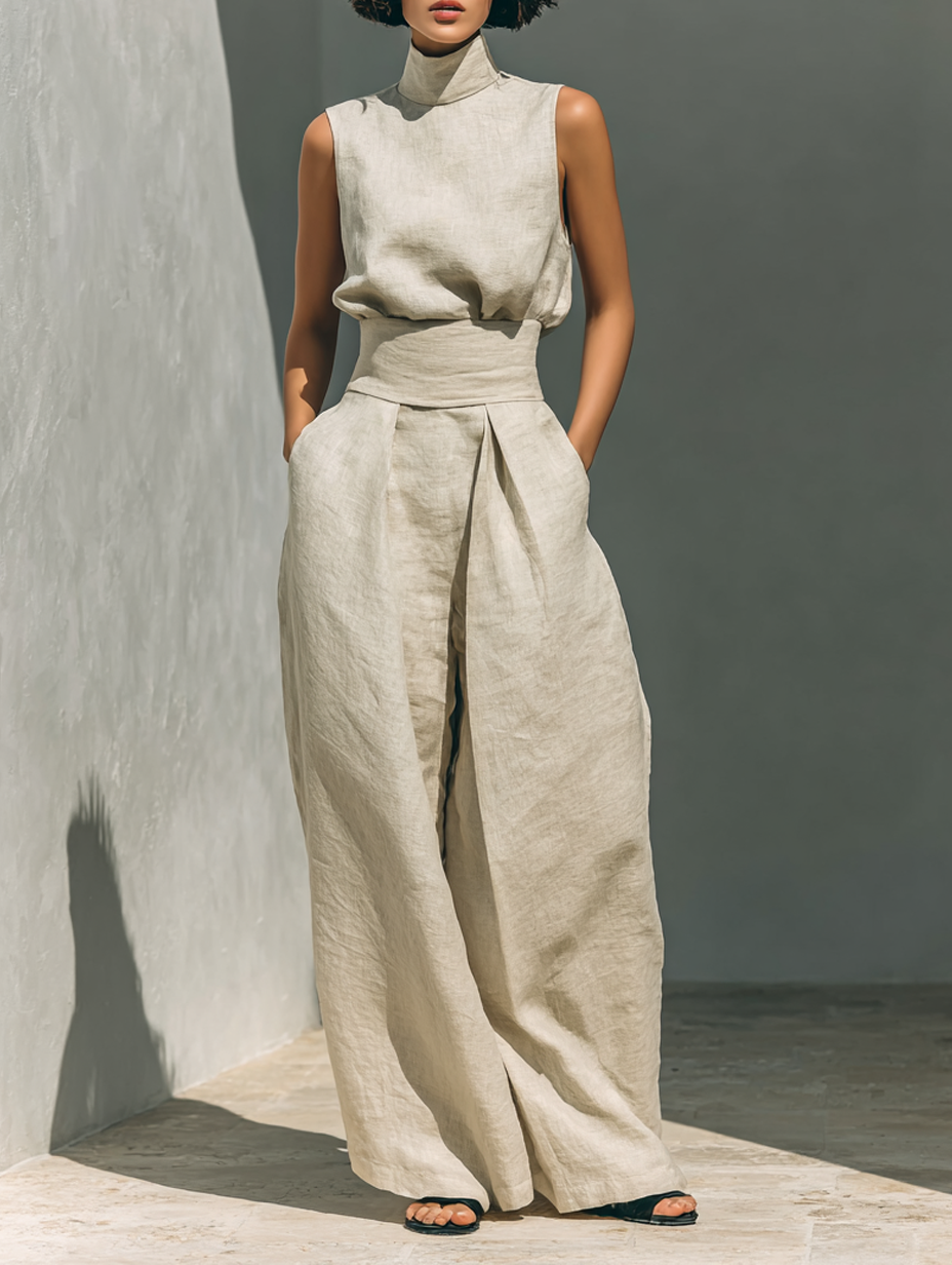 Conjunto Minimalista para Mujer con Blusa Sin Mangas y Pantalón de Pierna Ancha