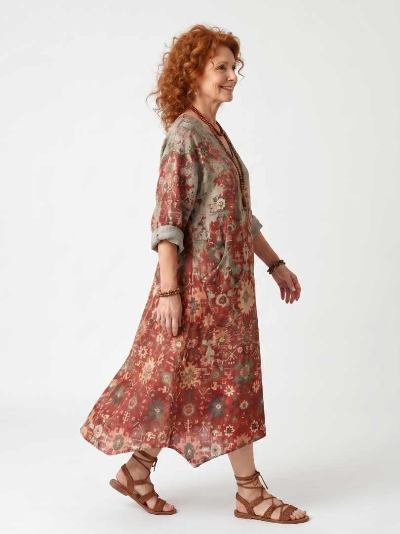Saffron | Vestido Midi Relajado con Estampado Mixto y Bolsillos