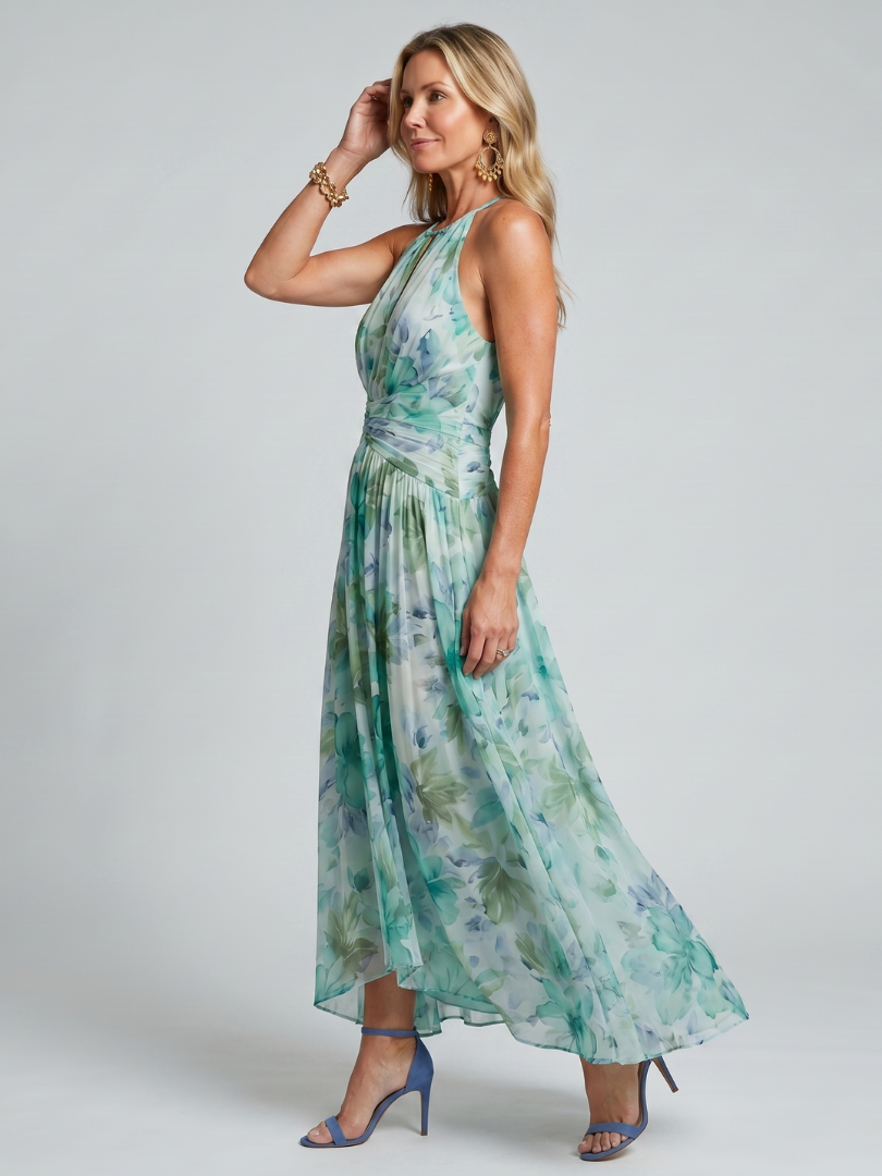 Brielle | Vestido Midi Floral Plisado con Cuello Halter