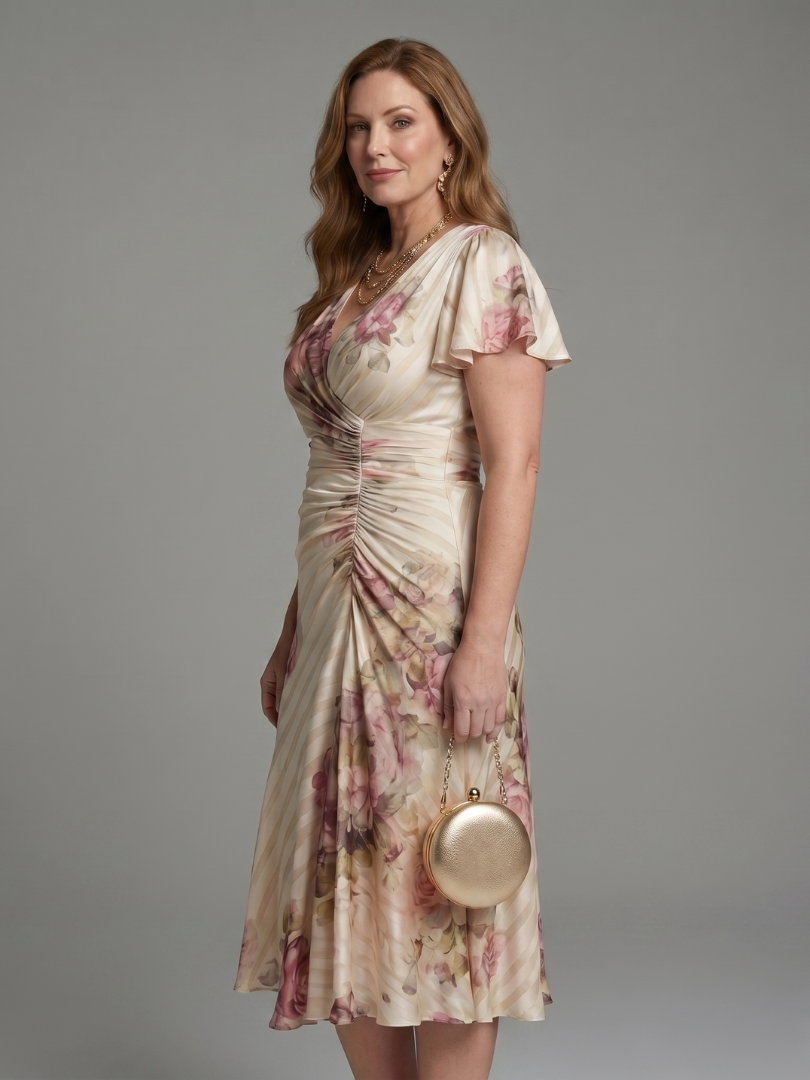Deirdre | Vestido Midi Cruzado Floral con Mangas de Volante