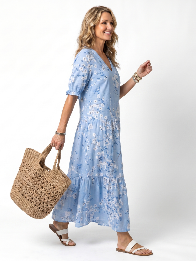 Alora | Vestido Midi con Estampado Floral y Lazos de Borlas