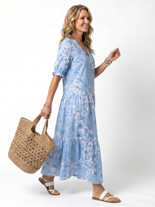 Alora | Vestido Midi con Estampado Floral y Lazos de Borlas
