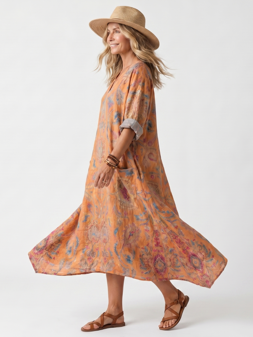 Remi | Vestido Midi Oversize Estampado con Escote de Muesca y Bolsillos