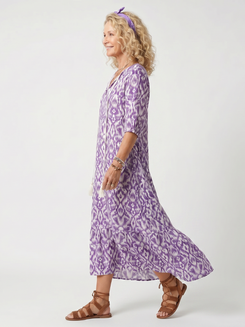 Penelope | Vestido Midi Estampado con Lazos de Borlas