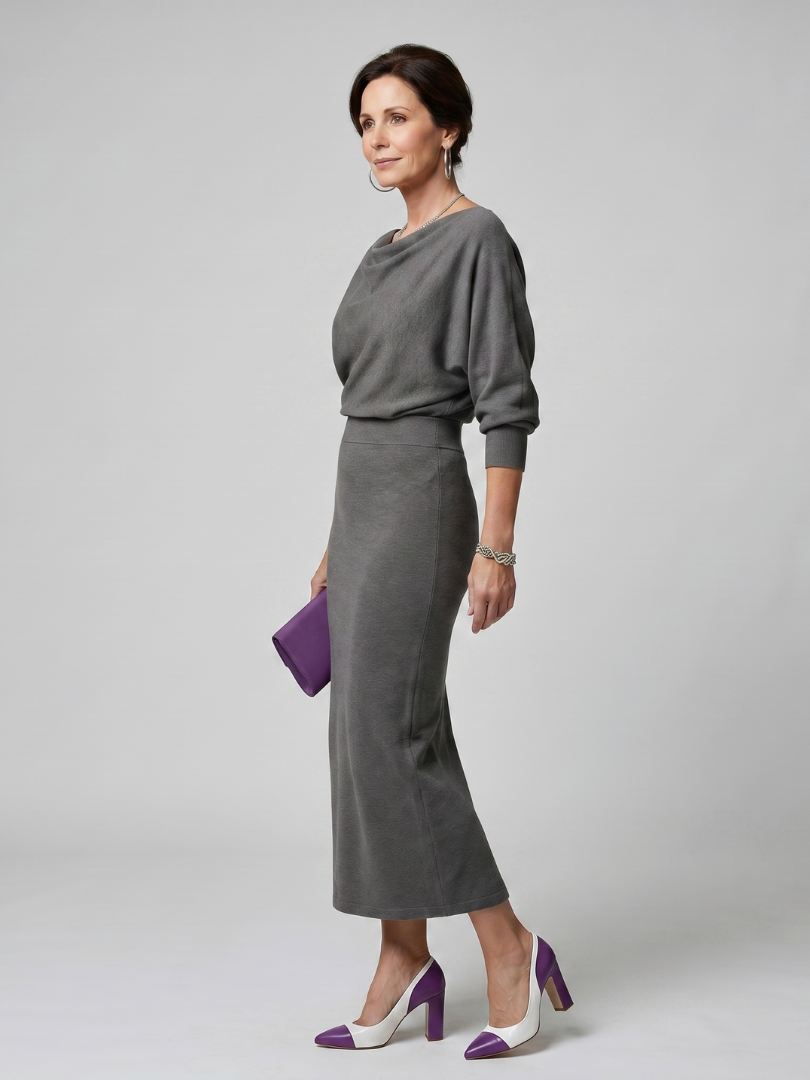 Adrienne | Vestido Midi Entallado con Escote Drapeado