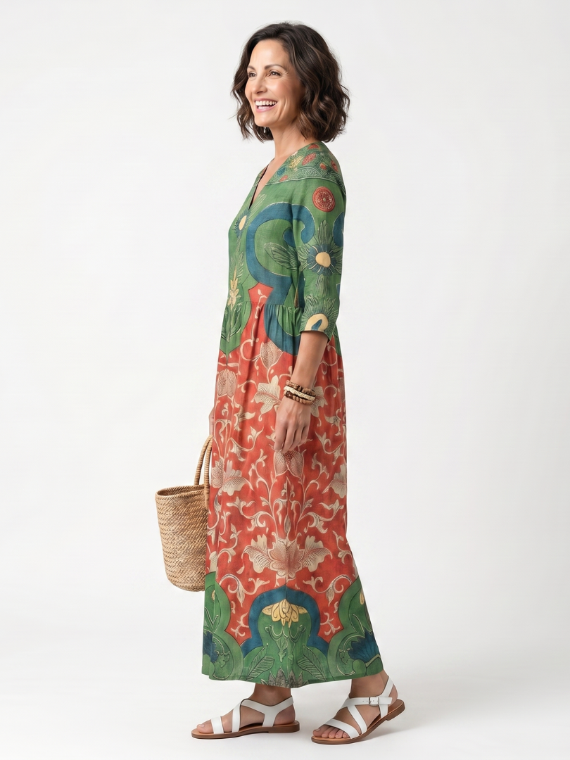 Sloane | Vestido Midi con Estampado Mixto, Escote en V y Bolsillos