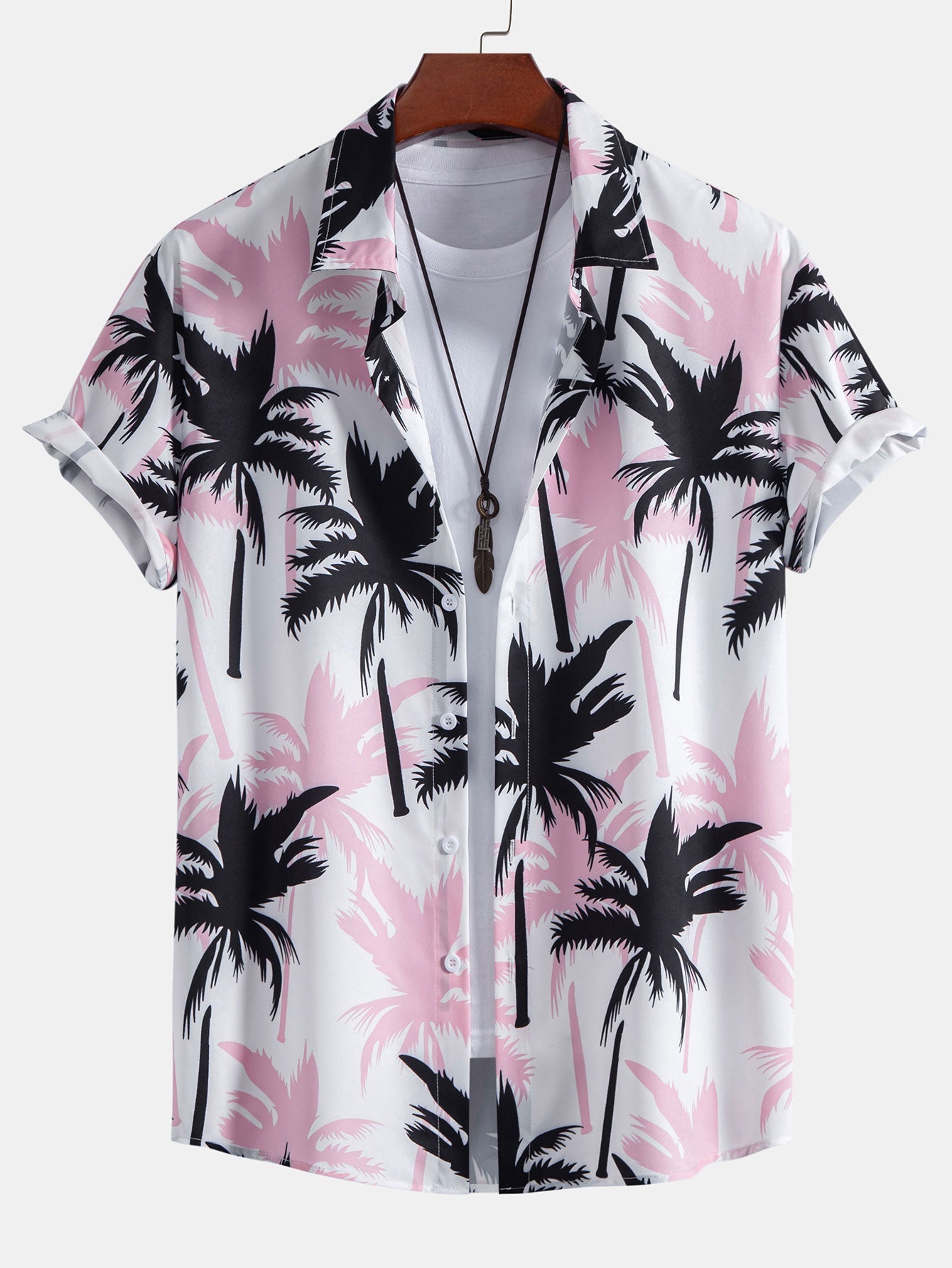 Camisa abotonada con estampado de palmeras y bañador corto