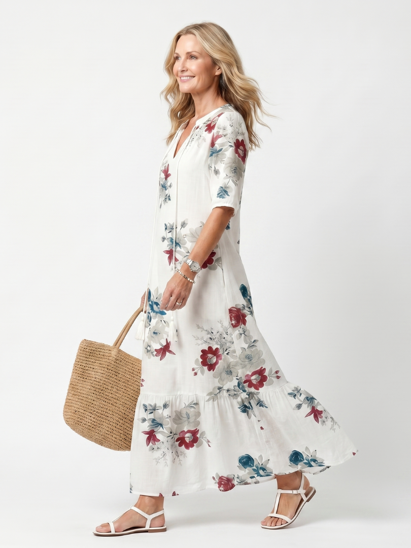 Maeva | Vestido Midi Floral Disperso con Lazos de Borlas