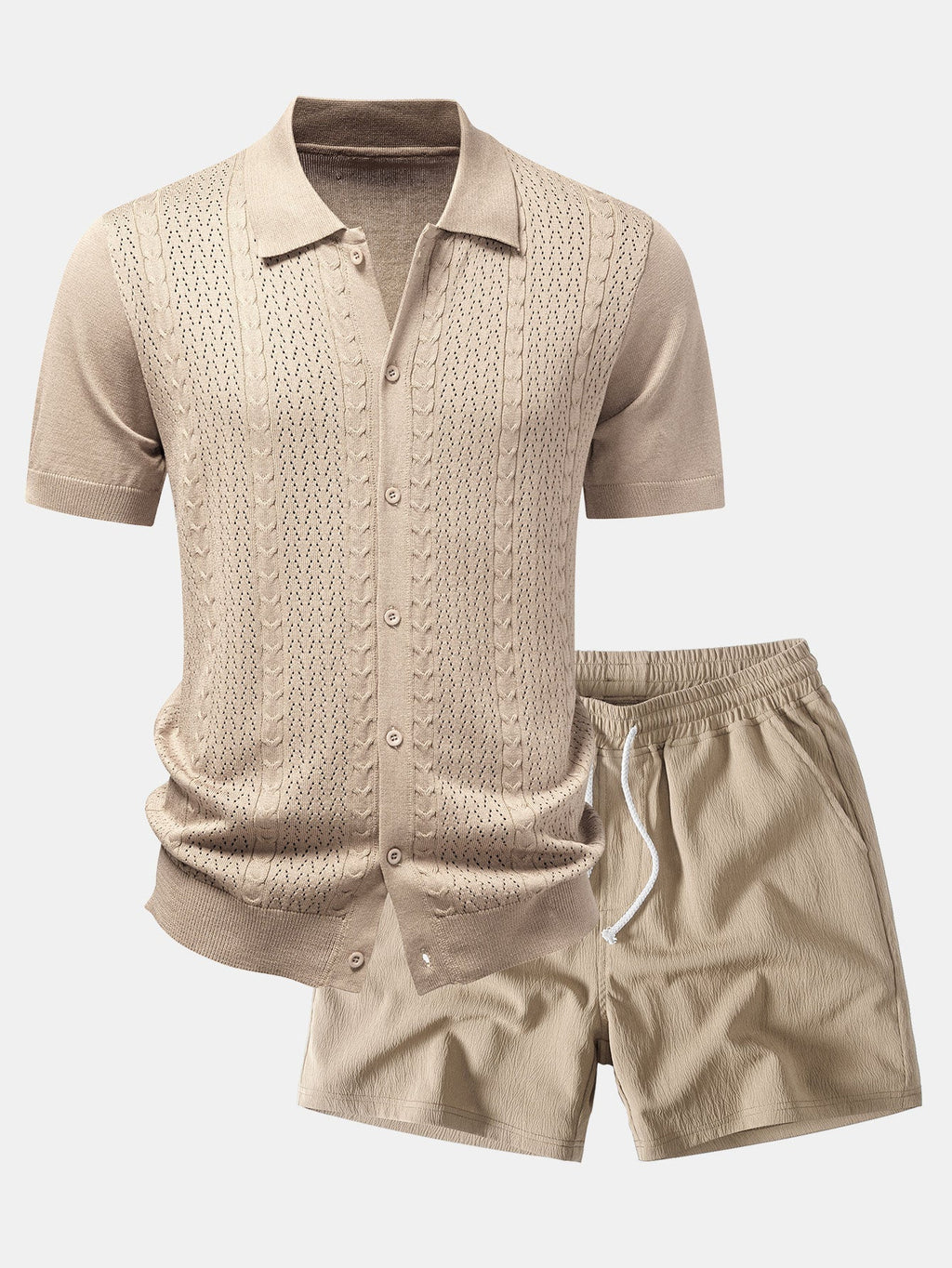 Camisa de punto con botones y diseño jacquard retorcido y pantalones cortos de 5" con cordón y textura arrugada