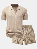 Camisa de punto con botones y diseño jacquard retorcido y pantalones cortos de 5" con cordón y textura arrugada