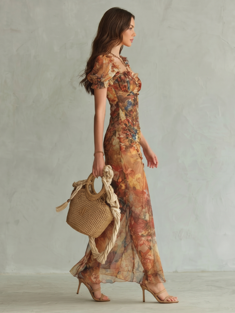 Julia | Vestido Midi con Mangas de Volante, Fruncido y Abertura