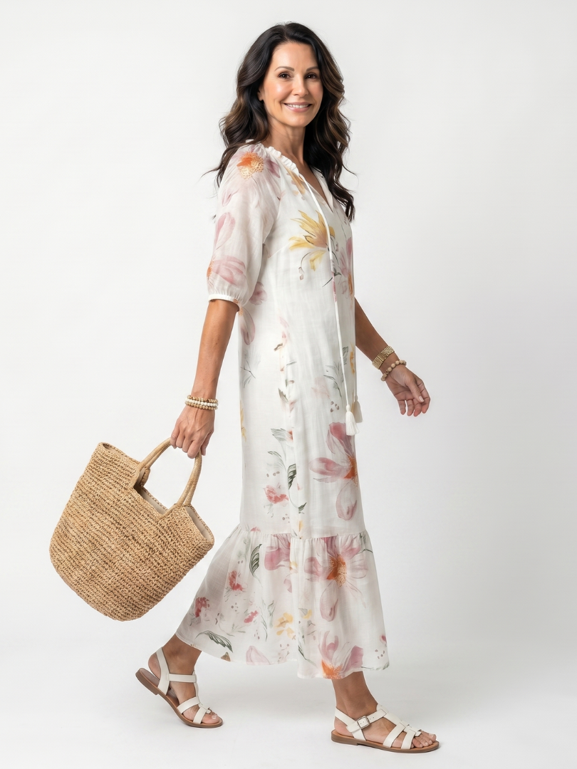 Noa | Vestido Midi Floral Suave por Capas con Borlas