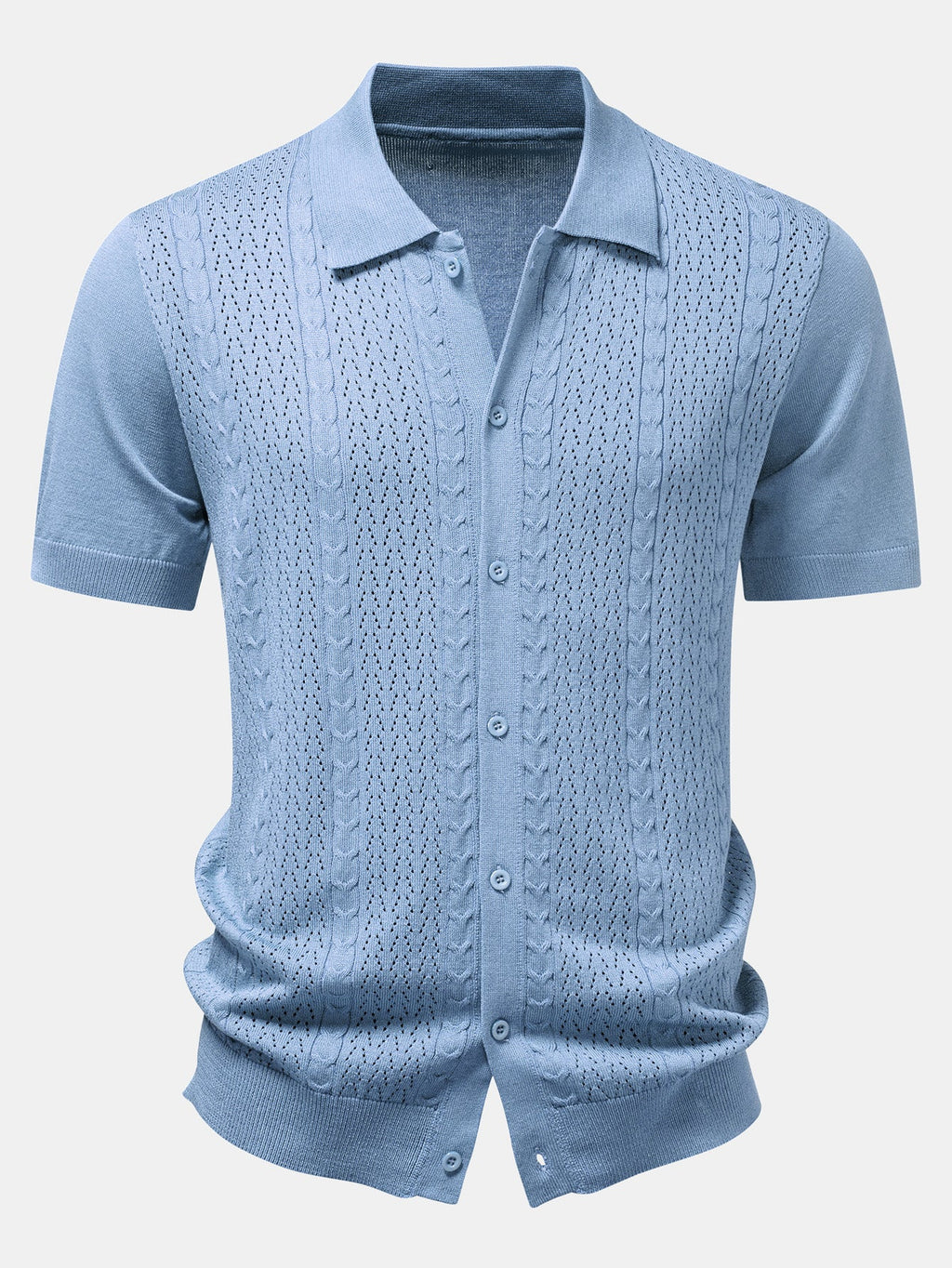 Camisa de punto con botones y diseño jacquard retorcido y pantalones cortos de 5" con cordón y textura arrugada