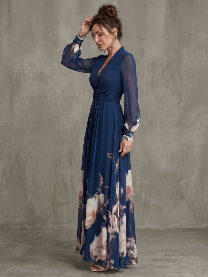 Elena | Vestido Maxi Plisado con Mangas Transparentes